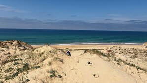 Una playa con dunas y una persona sentada en la arena.