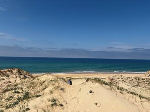 Ein Strand mit Dünen und einer Person, die im Sand sitzt.