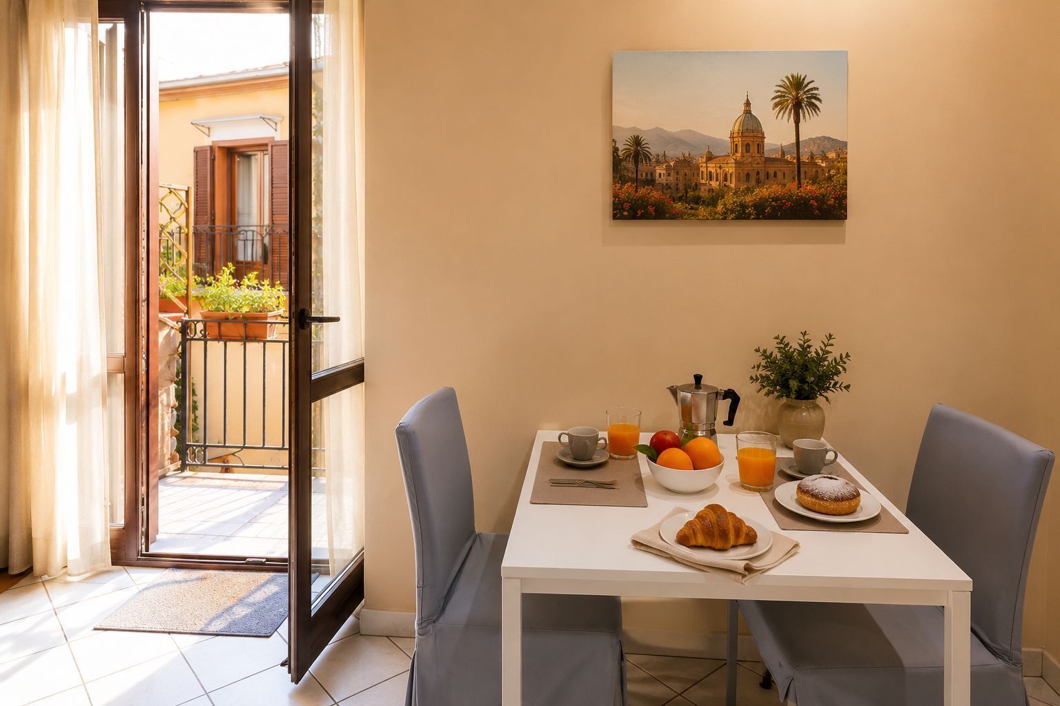 Ein Essbereich mit Tisch, gedeckt für ein Frühstück, inklusive Croissants, Obst und Kaffee.