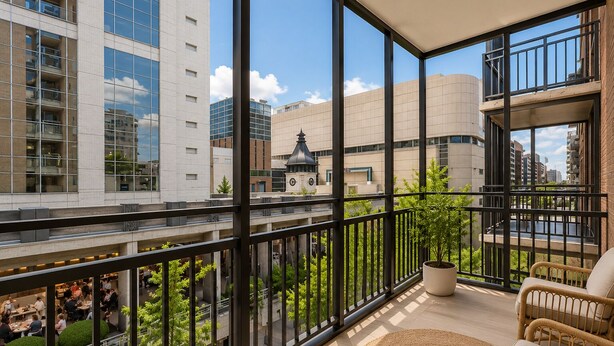 Un balcon donnant sur les bâtiments environnants, une plante en pot et des meubles en osier.