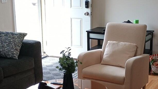 Un salon comprenant un canapé, un fauteuil, une table à manger avec une assiette, un vase avec une plante et une porte dotée d’un système de verrouillage à clavier.