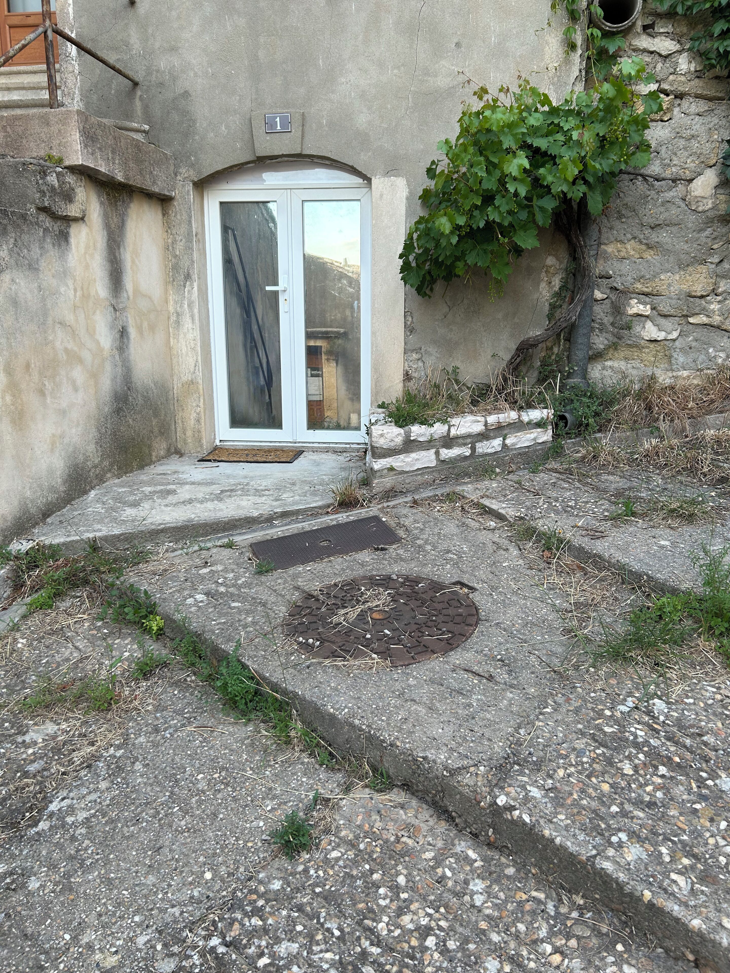 A building entrance with a door, a small step leading up, and a manhole cover on the ground.