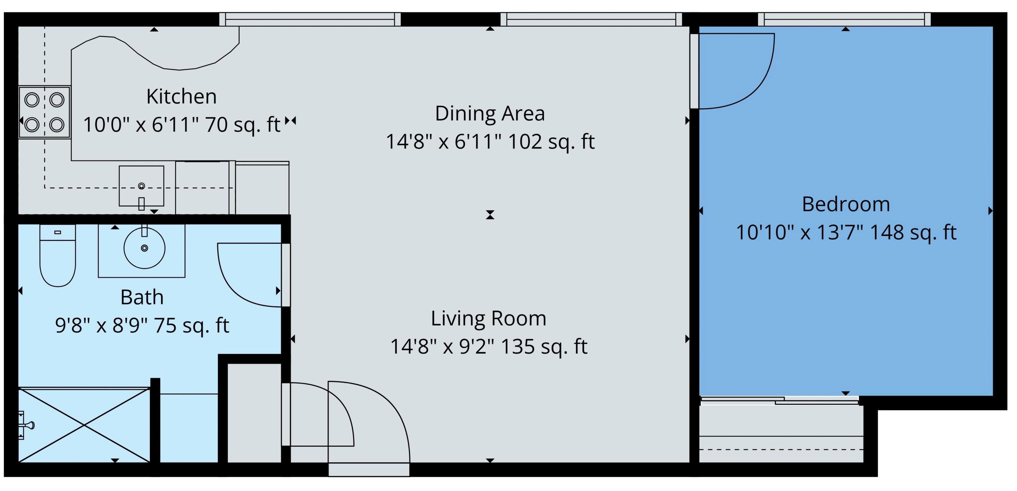 Un plan d’étage comprenant une cuisine de 3,05 m x 2,11 m, un coin repas de 4,47 m x 2,11 m, une chambre de 3,35 m x 4,14 m, un salon de 4,47 m x 2,79 m et une salle de bain de 2,95 m x 2,67 m.