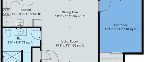 Un plan d’étage comprenant une cuisine de 3,05 m x 2,11 m, un coin repas de 4,47 m x 2,11 m, une chambre de 3,35 m x 4,14 m, un salon de 4,47 m x 2,79 m et une salle de bain de 2,95 m x 2,67 m.