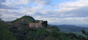 A historic building with ruins on a hill, surrounded by greenery and a distant view of the sea.