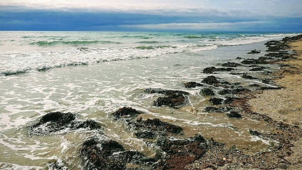 Una costa rocciosa con le onde che si infrangono sulla spiaggia.
