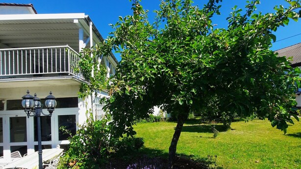 Una casa con un balcone, un giardino fiorito di fiori viola e un cielo azzurro limpido.