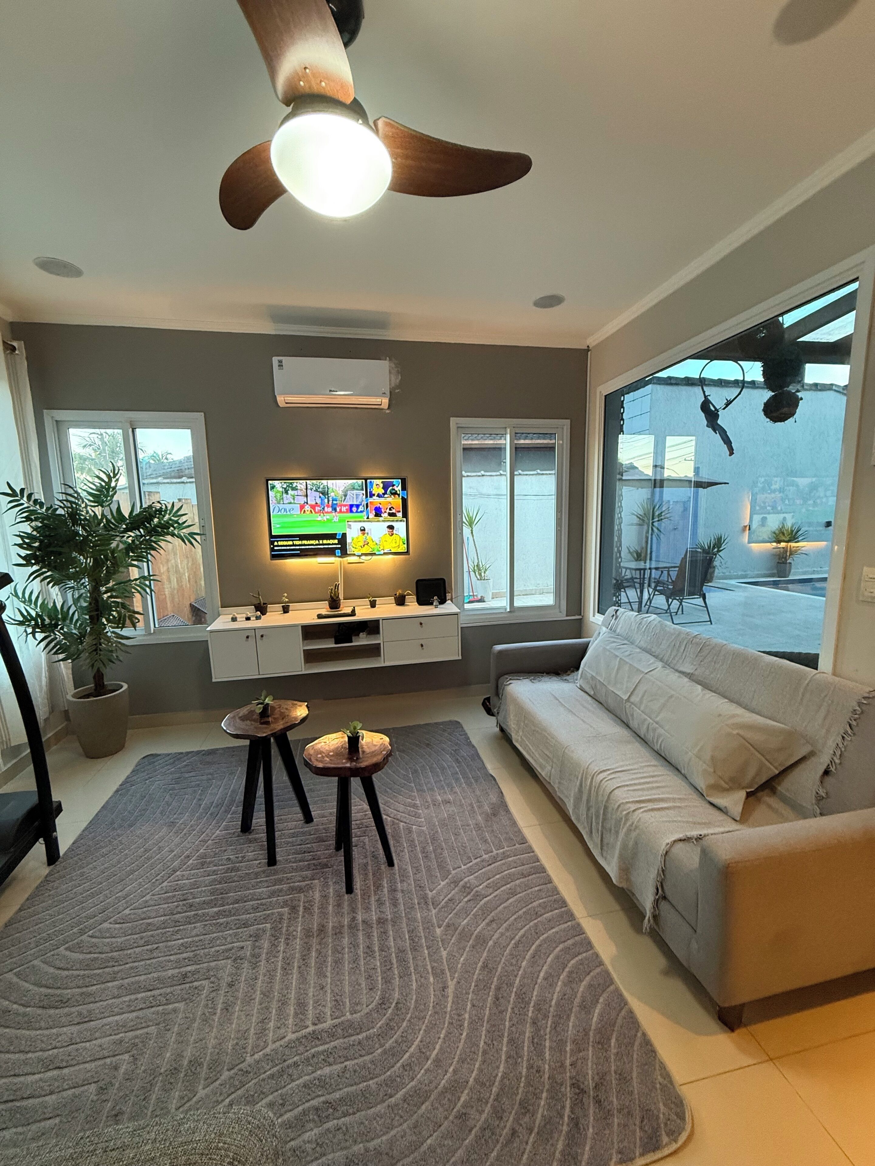 A living room with a ceiling fan, a TV, a sofa, a coffee table, and a potted plant.