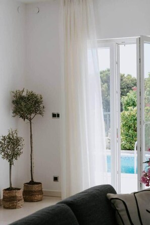 Une pièce avec une grande fenêtre, un canapé et deux plantes en pot.