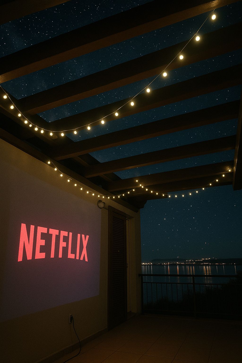 A covered outdoor area with string lights, a balcony with a railing, and a large illuminated sign reading 'NETFLIX'.