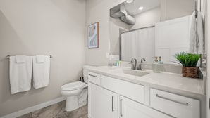 A modern bathroom with a toilet, sink, mirror, and towel rack. - 1 BR King Suite - Freshwater Inn - Bridgman, MI (Bridgman)