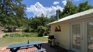 A patio area with a picnic table and grill, surrounded by a garden and a building with a chimney. - Lazy Lake Outpost (Kettle Falls)