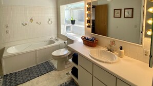 A bathroom with a bathtub, toilet, sink, and vanity with a large mirror. - Lazy Lake Outpost (Kettle Falls)