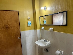 A bathroom with a wooden door, a white sink, a mirror, and a toilet paper holder.