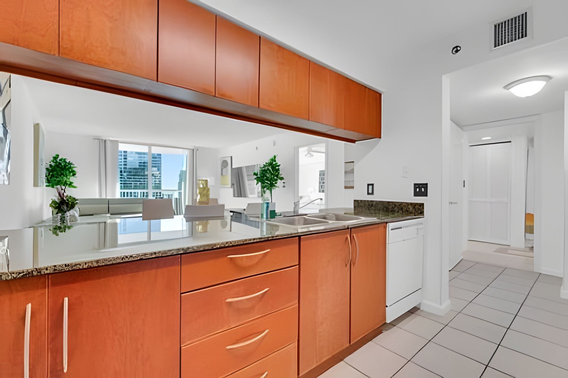 A modern kitchen with wooden cabinets, a granite countertop, and a view of the city.