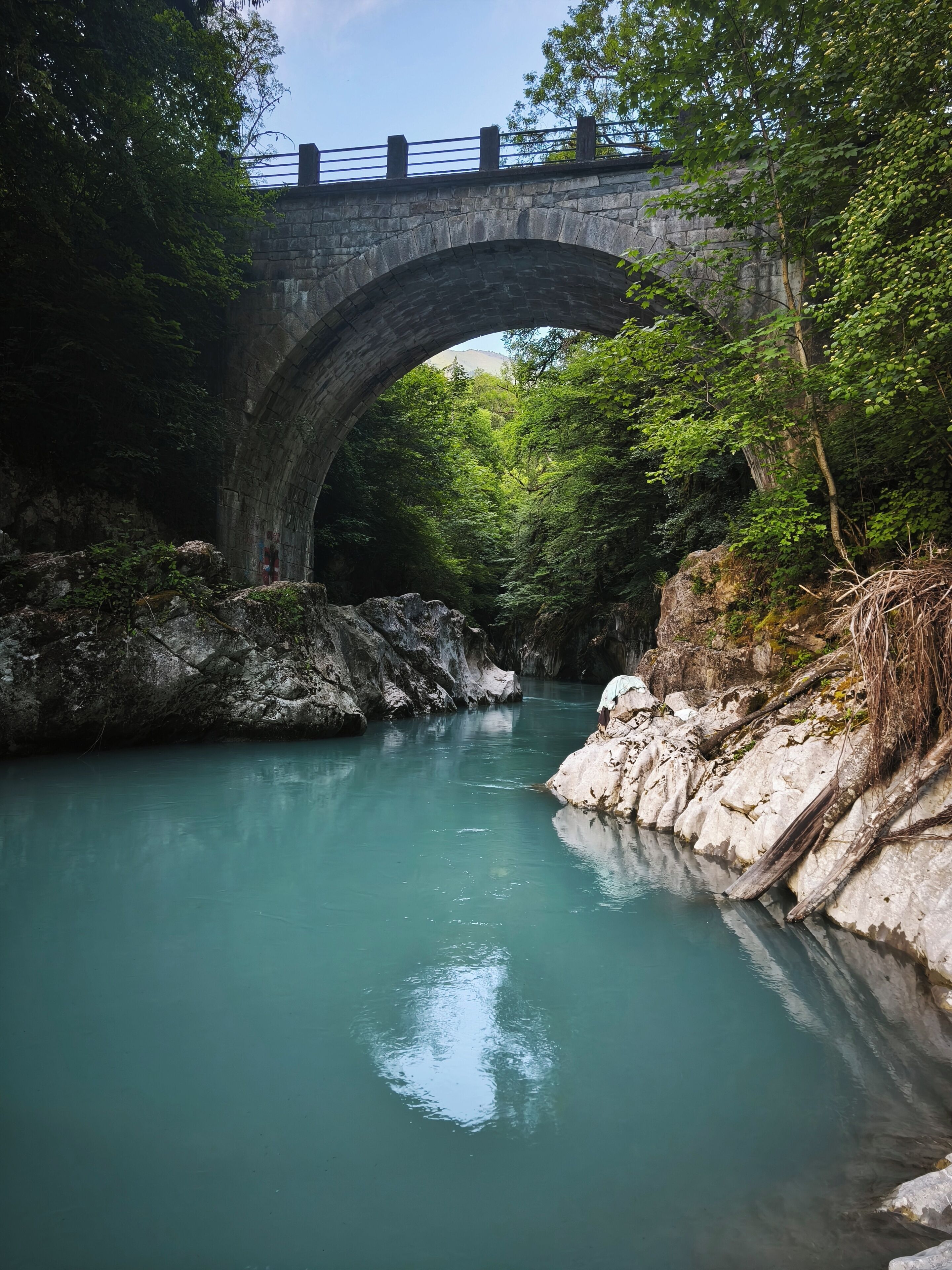 A stone bridge over a calm river, surrounded by lush greenery.