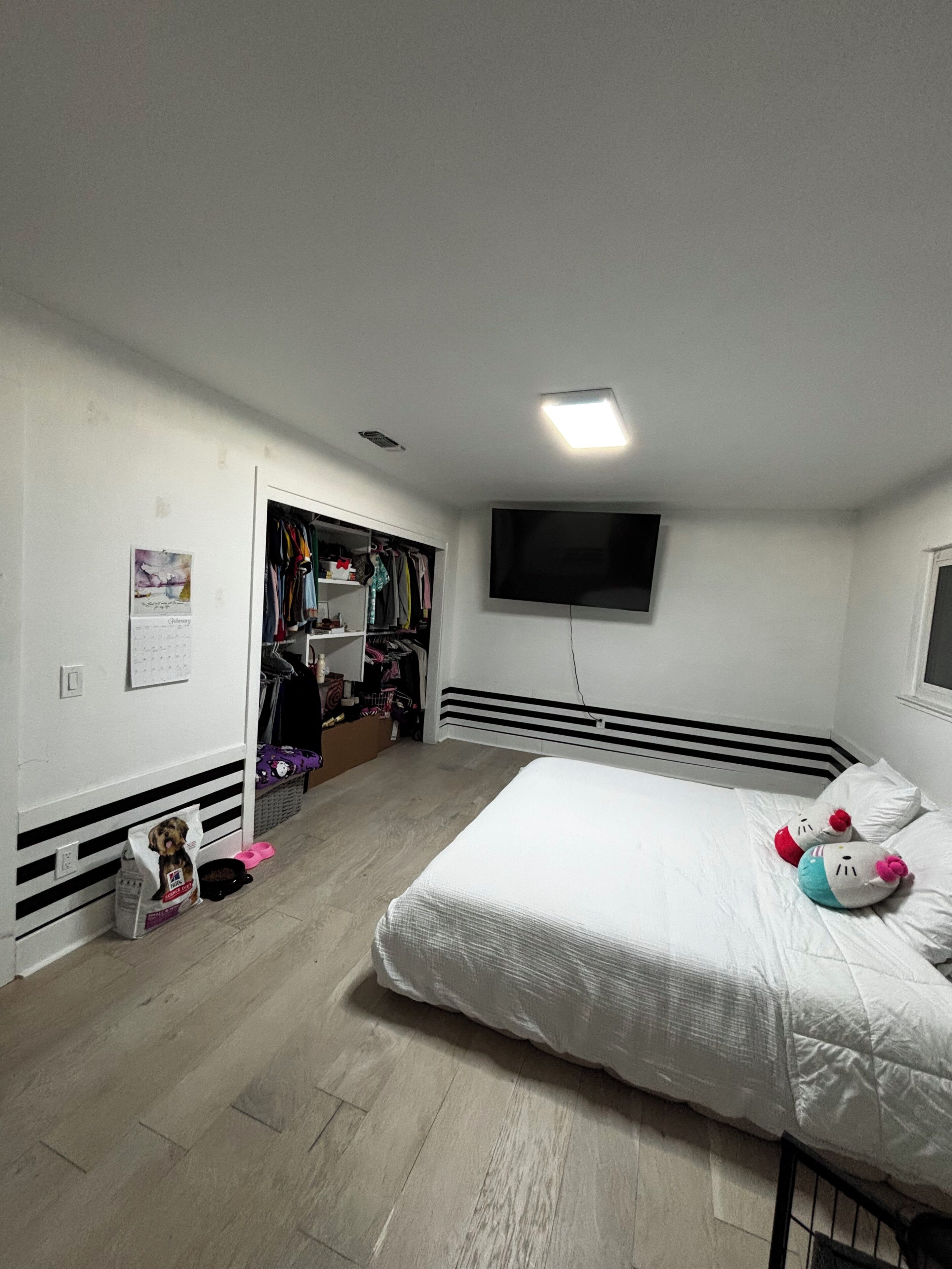 Un dormitorio con una cama, un armario, un televisor y una pequeña cama para perro.