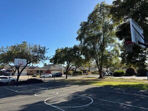 Una cancha de baloncesto con aro, rodeada de árboles y coches aparcados.