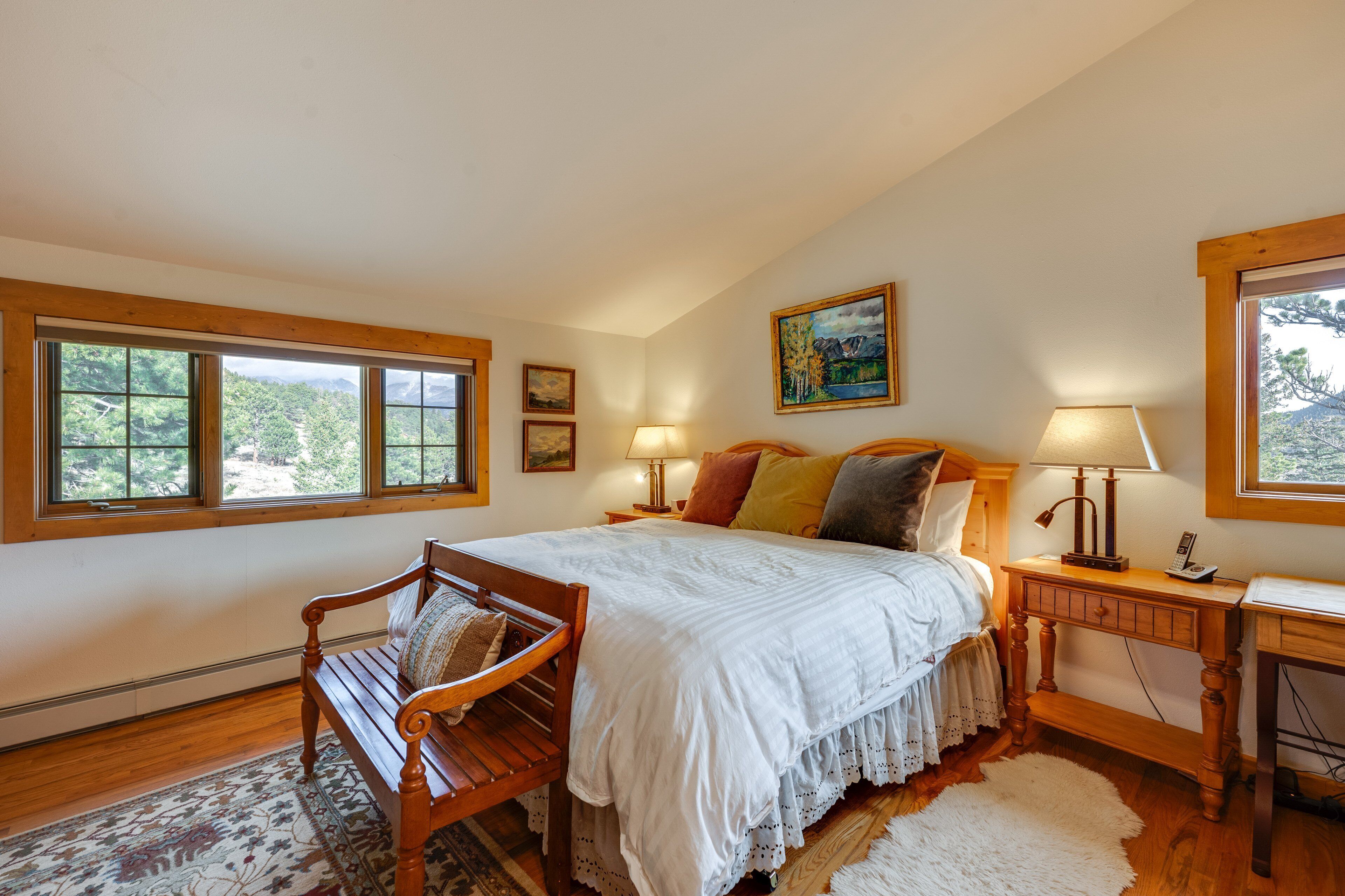 Une chambre avec un grand lit, des meubles en bois et une vue par les fenêtres.