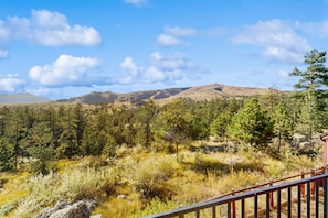 A mountainous landscape with a wooden deck and dense forest.
