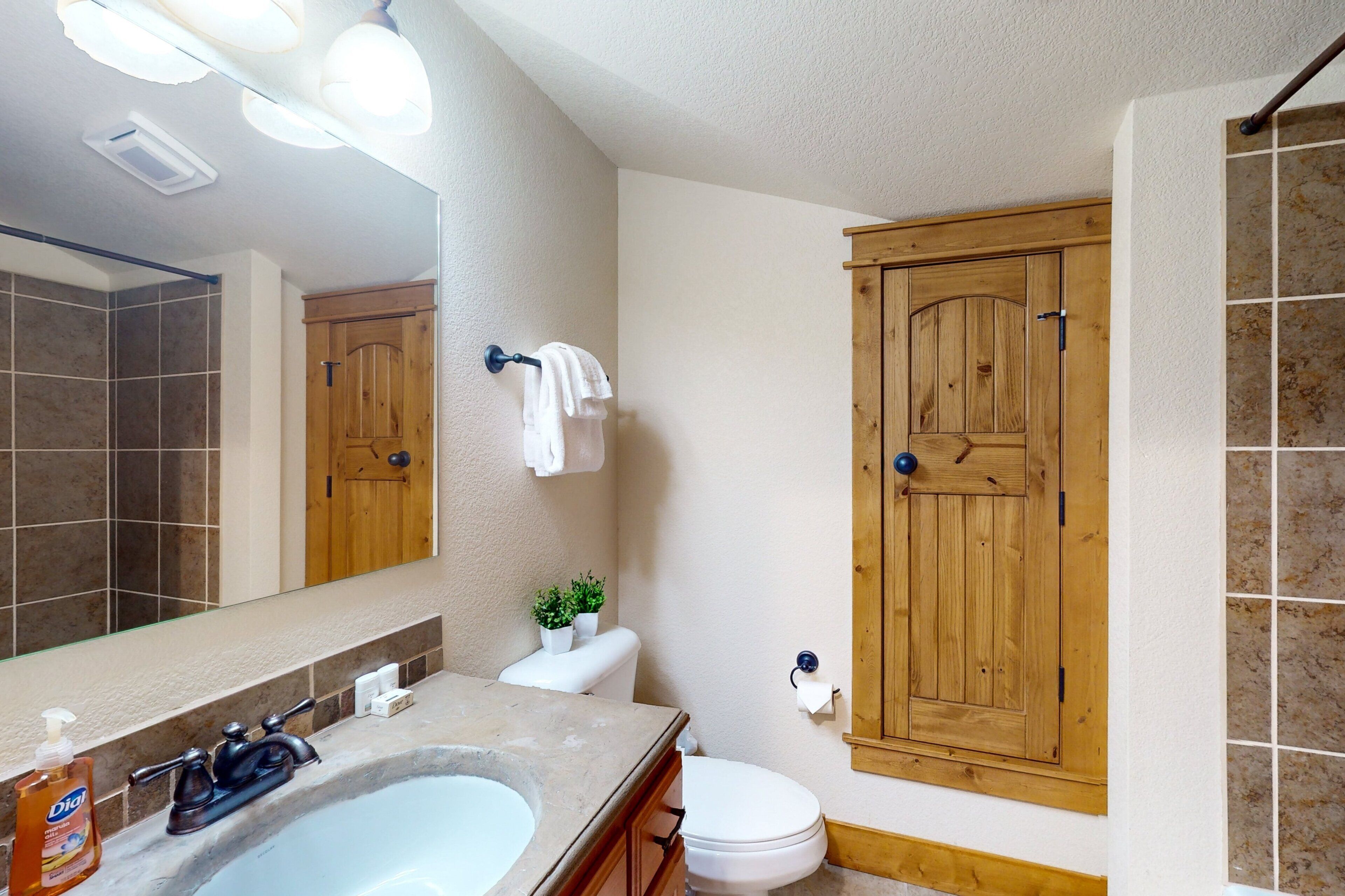 Une salle de bain avec une baignoire, un lavabo, des toilettes, une porte en bois et un miroir.
