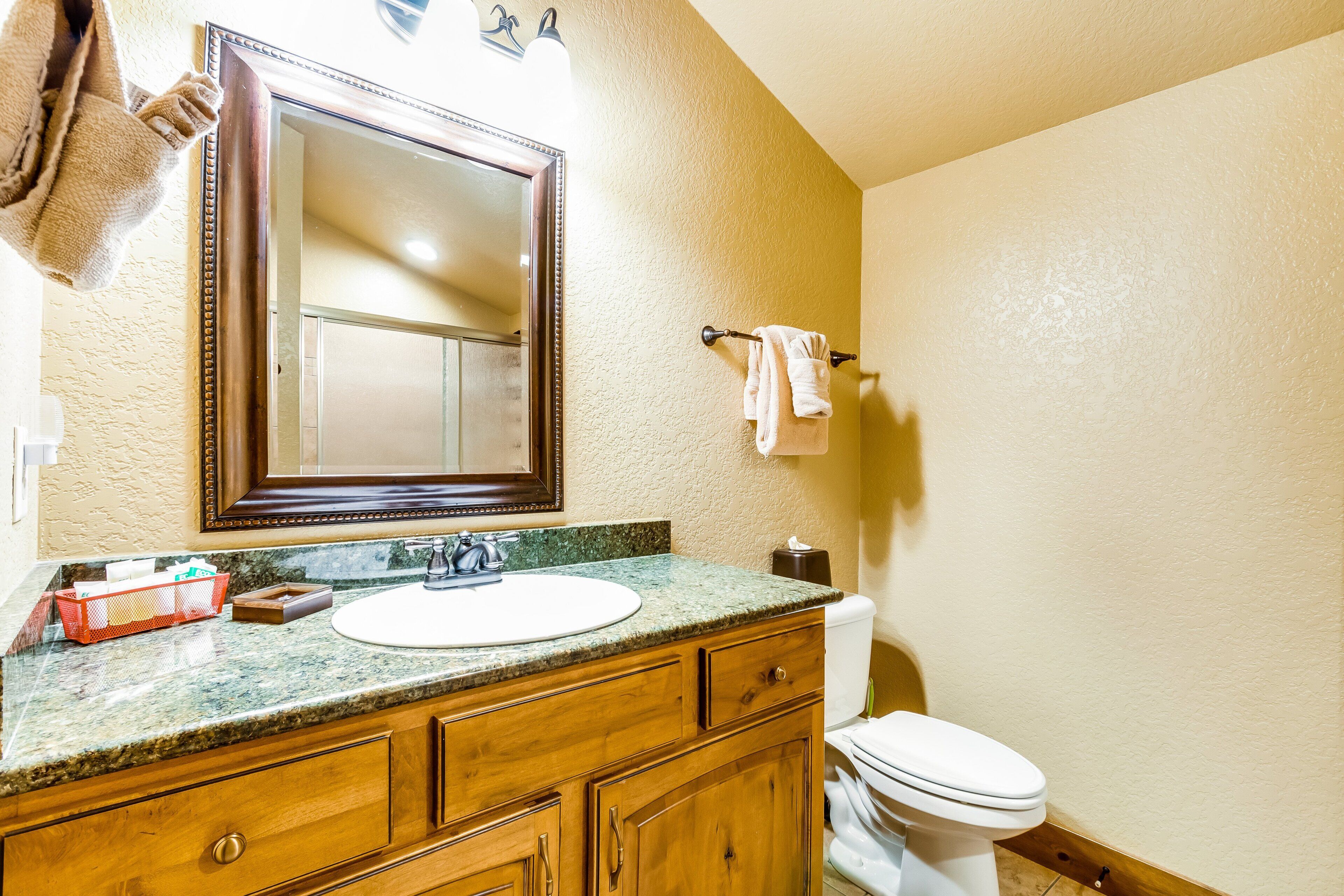 Une salle de bain avec un meuble-lavabo en bois, un évier, un miroir et des toilettes.
