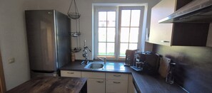 A compact kitchen with a stainless steel refrigerator, a sink with a faucet, a coffee maker, and a window with a view of the outside. - Coach house at the Amber Castle (Kuhlen-Wendorf)