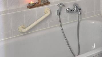 Hair dryer, towels, soap, toilet paper