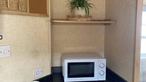A kitchenette with a microwave, a small refrigerator, a coffee cup, and a potted plant on a shelf. - This Caravan is no Longer Available (New Romney)