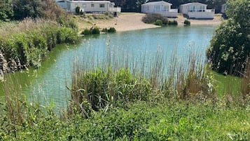 A lakeside property with mobile homes, a pond, and surrounding greenery.