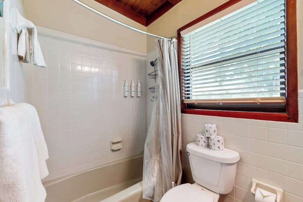 A bathroom with a shower, toilet, and window with blinds.