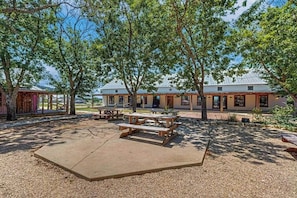 A covered outdoor area with picnic tables, a building with a sloped roof, and trees providing shade. - Dog-friendly Suite With a Fireplace - 290 Wine Tasting Trail (Fredericksburg)