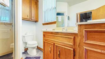 A bathroom with wooden cabinets, a toilet, a shower, and a mirror.