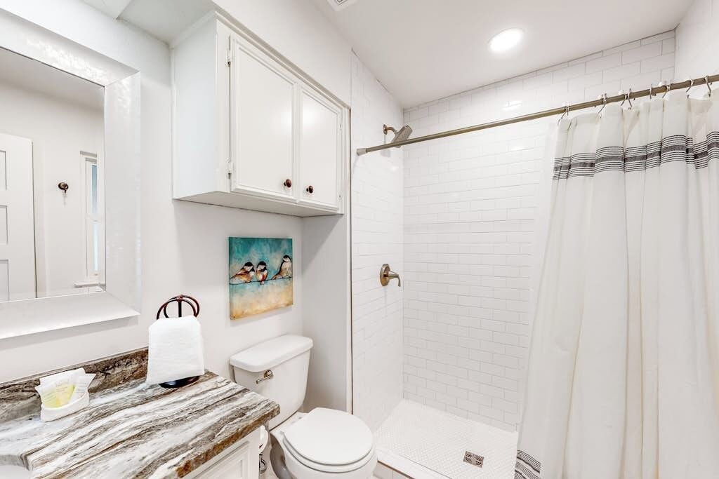 Une salle de bain avec des toilettes blanches, une douche avec un rideau blanc et un comptoir en marbre.