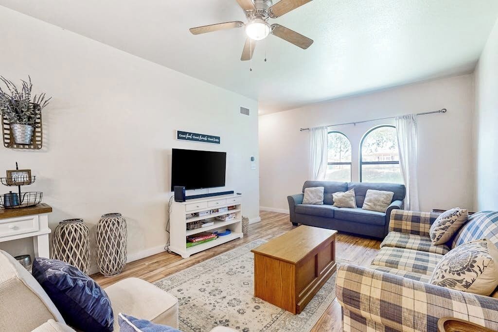 A living room with a television, sofas, a coffee table, and decorative items.