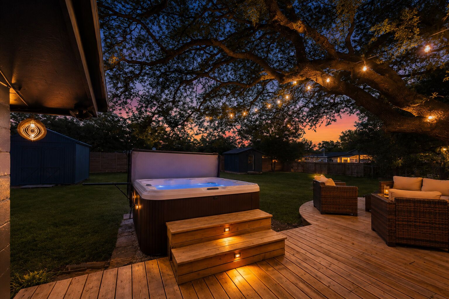 Un bain à remous sur une terrasse en bois, accessible par des marches, entouré d’un jardin avec un arbre et des guirlandes lumineuses.