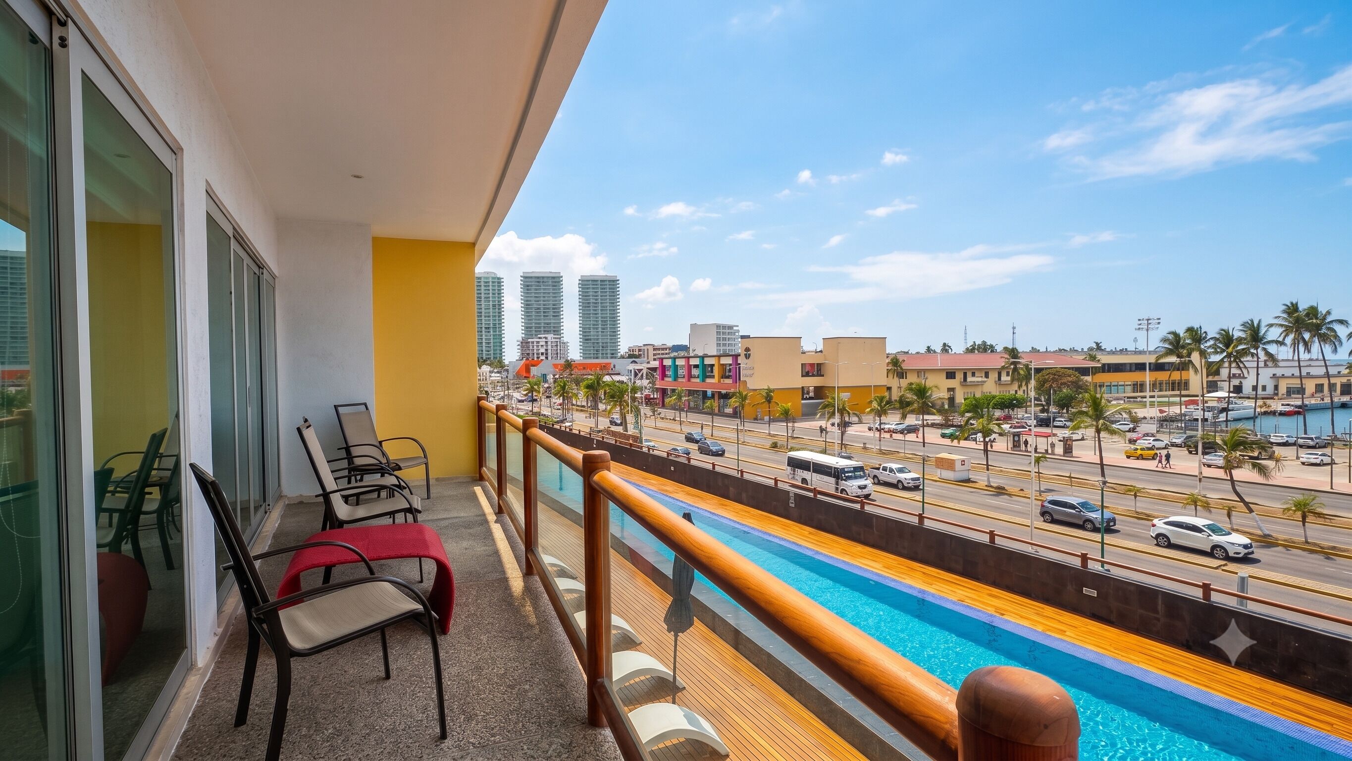 Un balcón con vista a una piscina, una calle con coches y edificios altos al fondo.