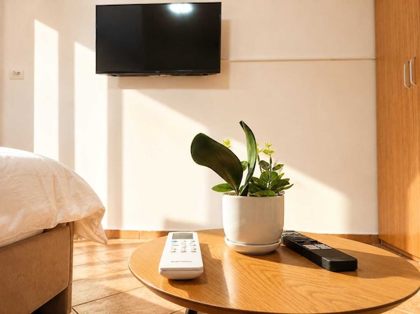Hotellihuone, jossa on sänky, seinälle asennettu televisio, ruukkukasvi, kaukosäädin ja pieni pöytä.