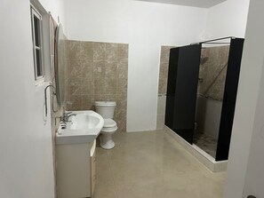 Casa de banho com sanita, lavatório e zona de duche.