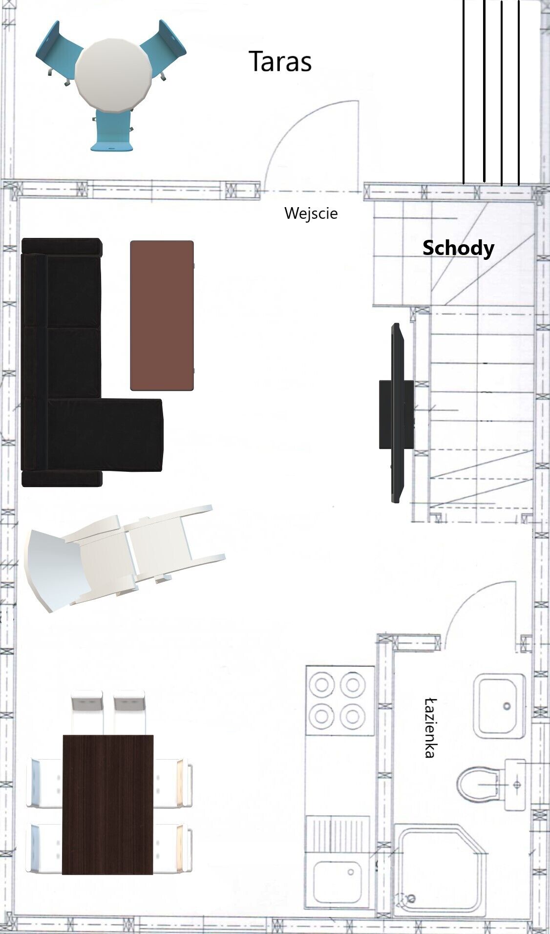 A hotel layout with a dining area, a living room, a kitchen, and a bathroom.