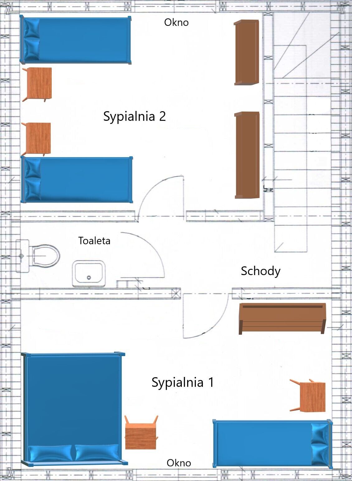 Plano de planta que muestra dos dormitorios, un baño, salón y zona de cocina.
