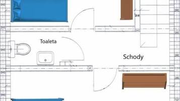 Plano de planta que muestra dos dormitorios, un baño y un área de estar.