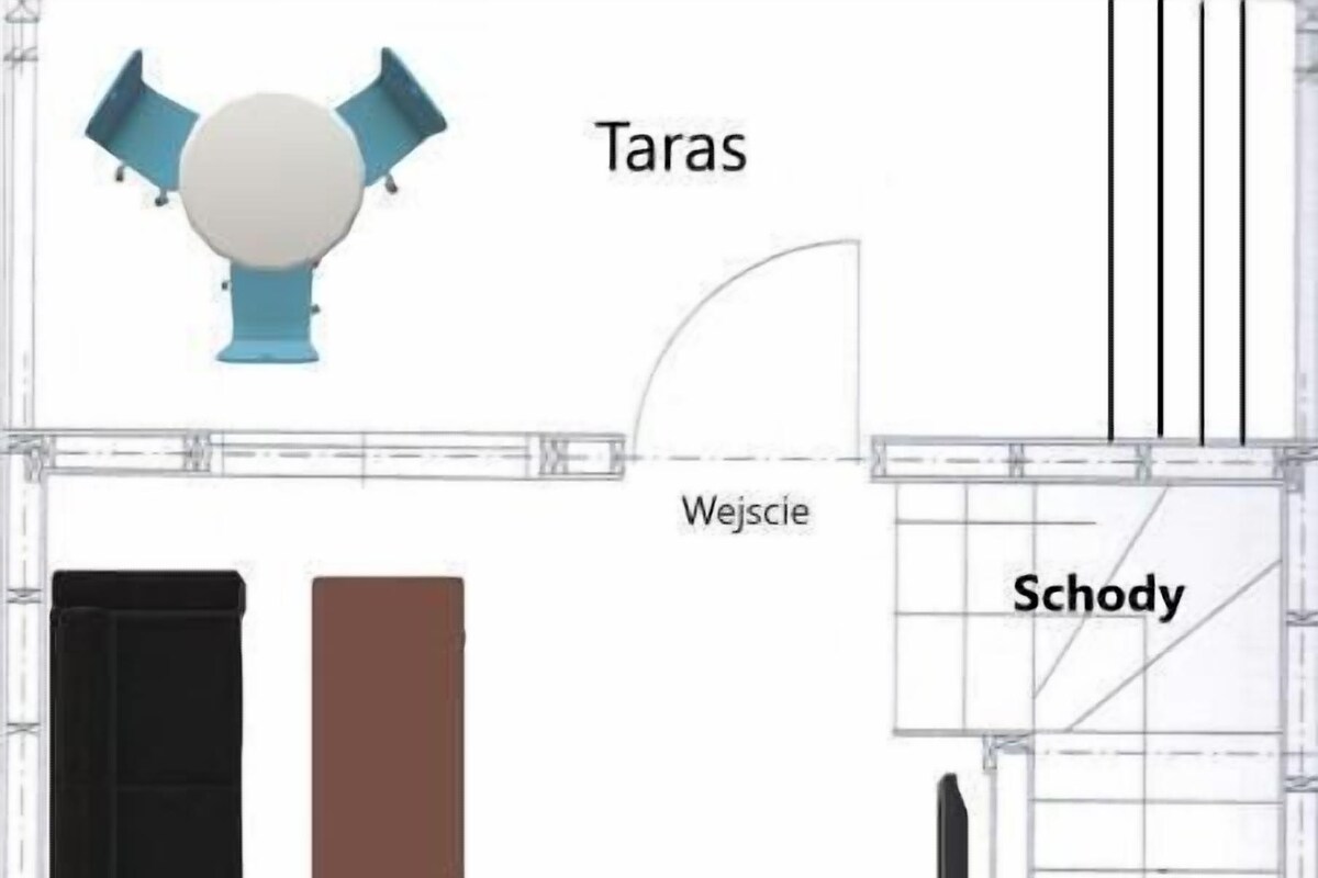 A hotel layout with a Taras room, a Wejcie room, a Schody room, and a kitchen area.