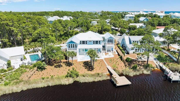 A large house with a pool, surrounded by trees and a dock extending into a body of water. - NEW on Eastern Lake.Private pool,hot tub & dock to fish.Walk/SUP to Beach 400yds (Santa Rosa Beach)