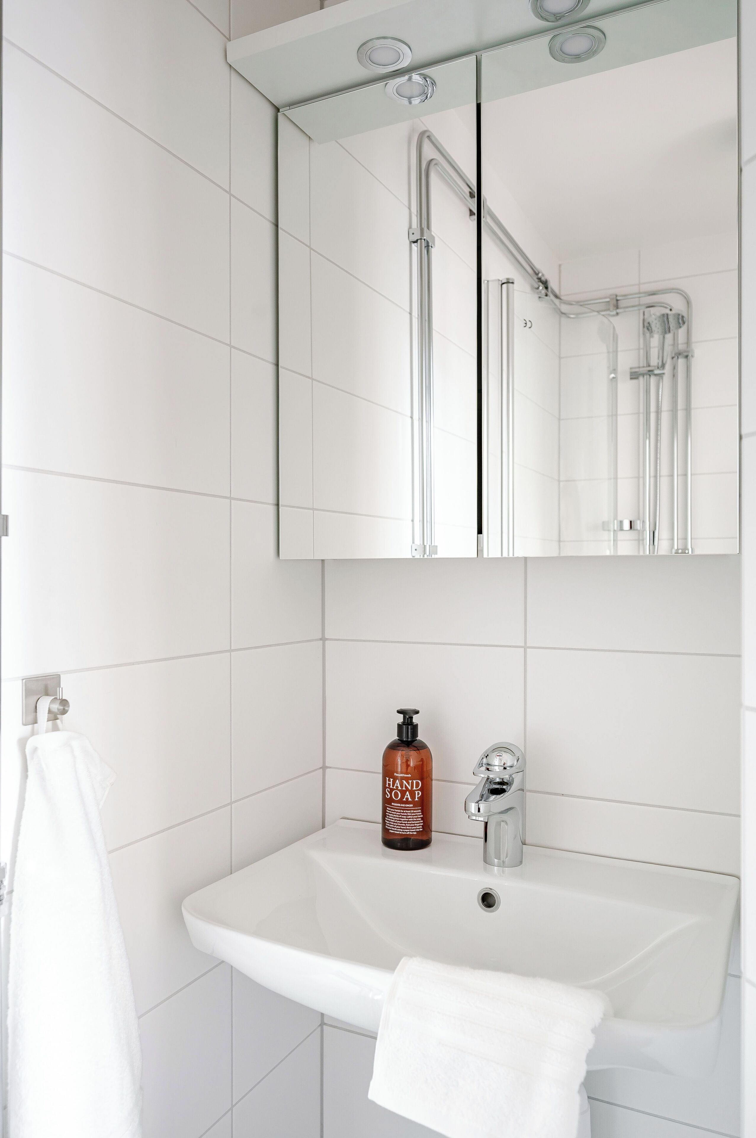 A bathroom with a white sink, a mirror, a handheld soap dispenser, and a towel rack.