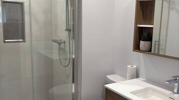 A modern bathroom with a glass-enclosed shower, a toilet, a sink with a mirror, and wooden cabinetry.