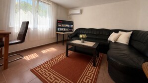 Un salon avec un canapé en cuir noir, une chaise en bois, une table basse ornée d’un vase, un téléviseur posé sur un meuble et un tapis à motifs.