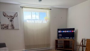 Una sala de estar con sofá, televisor sobre un mueble, ventana con cortinas y alfombra.