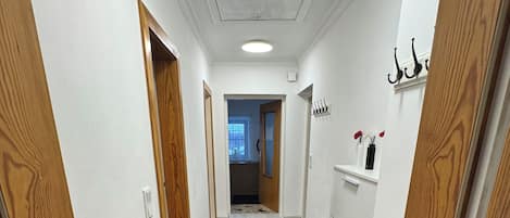 A narrow hallway with wooden doors, a black rug, and a white wall with a ceiling light.