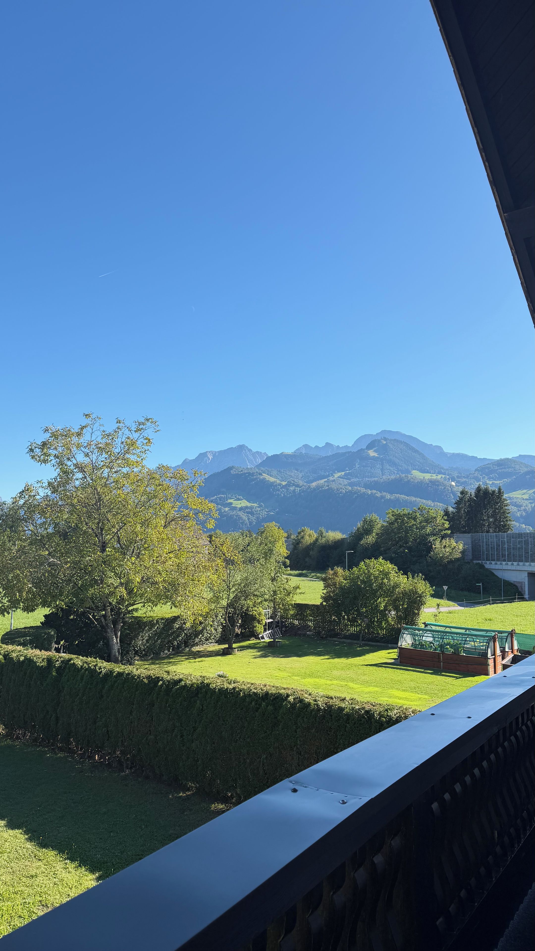 A view from a window overlooking a green landscape with trees and a distant mountain range.
